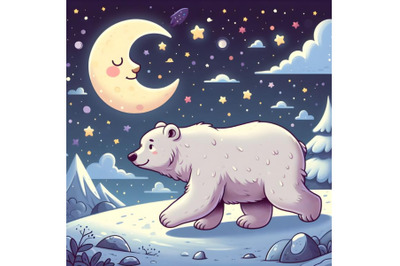 Polar Bear Walking Moonlight