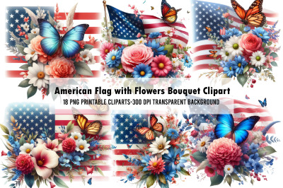 American Flag with Flowers Bouquet Clip