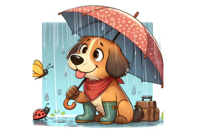 dog with umbrella in rainy day