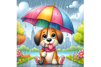 dog with umbrella in rainy day