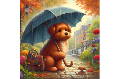 dog with umbrella in rainy day