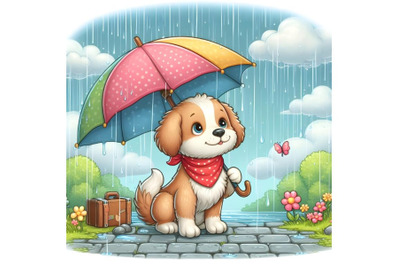 dog with umbrella in rainy day