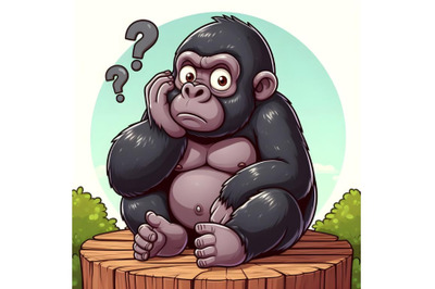 Funny gorilla cartoon sitting confused on wooden