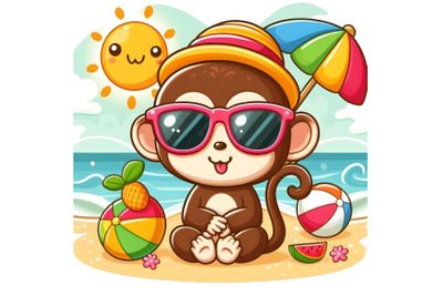 Cute Monkey with a colorful sun glasses in summer weather