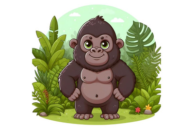 Cute brown gorilla is standing on a jungle background