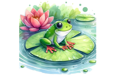 frog setting beside water lily