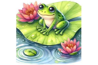 frog setting beside water lily