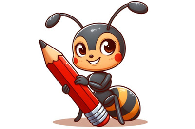 Cute ant cartoon holding a red pencil