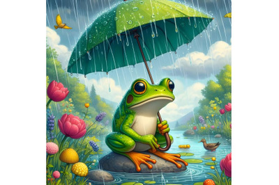 frog with umbrella in rainy day