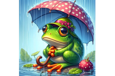 frog with umbrella in rainy day