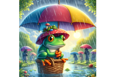 frog with umbrella in rainy day