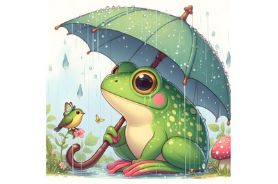 frog with umbrella in rainy day