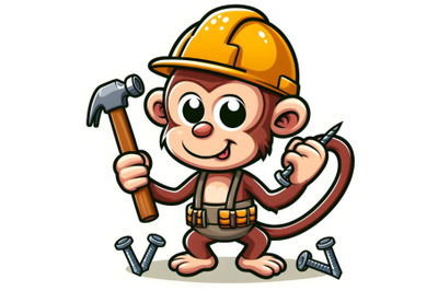 Construction monkey with safety helmet, hammer and nails