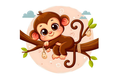 Cartoon cute monkey hanging on tree branch. Funny and adorable