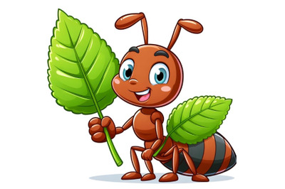 Cartoon ant holding a green leaf