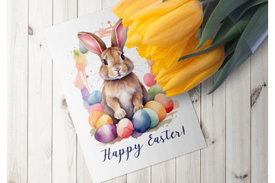 Printable WATERCOLOR bunny easter card, HAPPY EASTER, printable spring