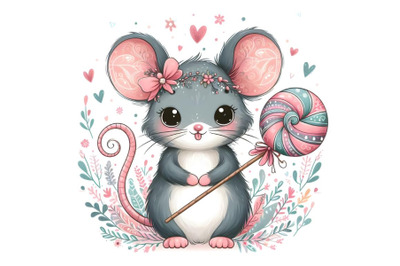 Cute mouse holding lollipop