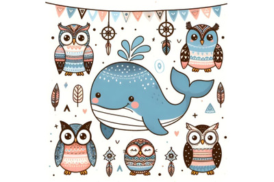 Cute cartoon whale and five owls