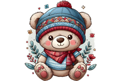 Cute cartoon teddy bear with a blue and red cap