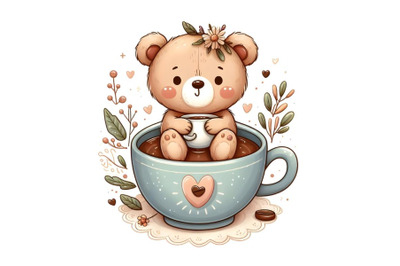 Cute Cartoon teddy bear is sitting in a Cup of coffee