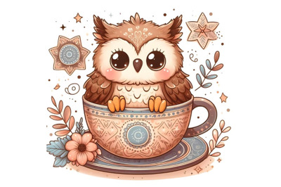 Cute Cartoon owl is sitting in a Cup