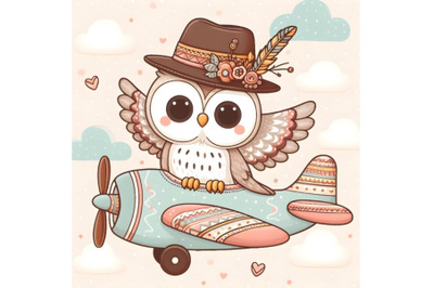 Cute Cartoon owl is flying on a plane