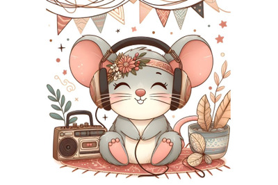 cute cartoon mouse with headphones