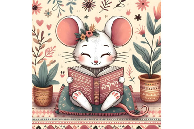 Cute cartoon mouse reading book