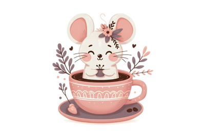 Cute Cartoon mouse is sitting in a Cup of coffee