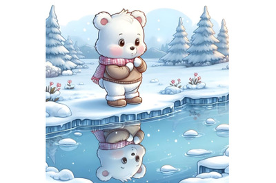 Baby Bear watching reflection in Winter Frozen Lake