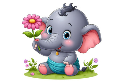 baby elephant holding a pink flower