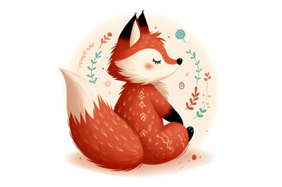 A cute red fox with a fluffy tail is sitting back