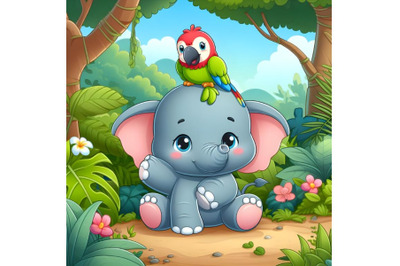 Little cute elephant sits in a clearing in the jungle with a parrot on