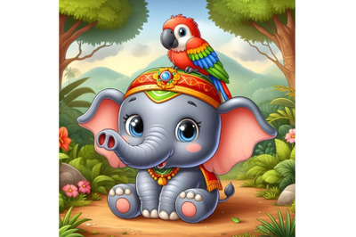 Little cute elephant sits in a clearing in the jungle with a parrot on