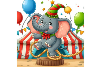 Funny cartoon circus elephant balancing on rope