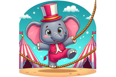 Funny cartoon circus elephant balancing on rope