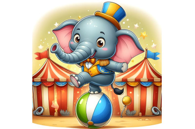 Funny cartoon circus elephant balancing on ball