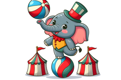 Funny cartoon circus elephant balancing on ball