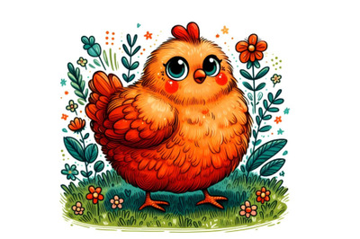 cute Hen setting on floral background