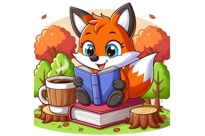 Fox reading a book with a cup of coffee