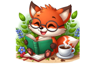 Fox reading a book with a cup of coffee