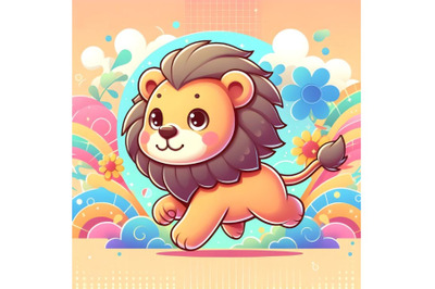 cute running lion with abstract background