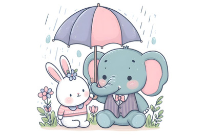 Cute elephant and bunny with umbrella cartoon hand drawn vector illust