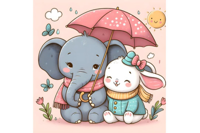 Cute elephant and bunny with umbrella cartoon hand drawn vector illust