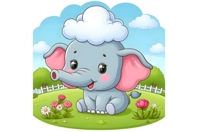 Cute Cartoon Elephant on a meadow