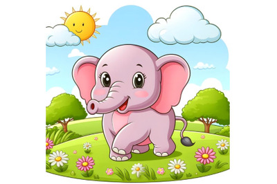 Cute Cartoon Elephant on a meadow