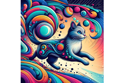 running cat with abstract colorful background