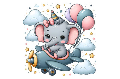 Cute baby elephant on the plane with air baloons&2C; clouds and stars. St