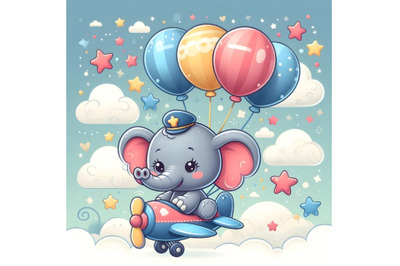 Cute baby elephant on the plane with air baloons, clouds and stars. St