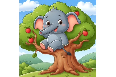 Cartoon funny elephant playing on a tree branch